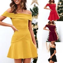 Sexy Off-shoulder Boat Neck Ruffle Hem Solid Color Party Dress