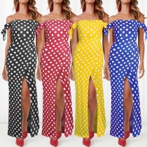 Sexy Off-shoulder Boat Neck Slit Hem Dots Printed Dress