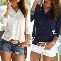 Fashion Lace Spliced V-neck 3/4 Sleeve T-shirt  (The size falls small)