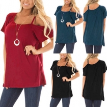 Sexy Off-shoulder Short Sleeve Solid Color Loose Sling T-shirt