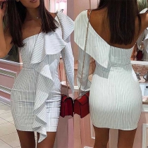 Sexy One-shoulder Long Sleeve Slim Fit Striped Dress