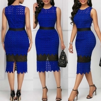 Fashion Contrast Color Sleeveless Round Neck Slim Fit Lace Dress