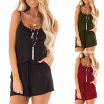 Sexy Backless Drawstring Waist Solid Color Sling Romper 