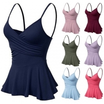 Sexy Backless V-neck Ruffle Hem Solid Color Sling Top