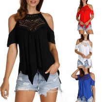 Sexy Off-shoulder Short Sleeve Irregular Hem Lace Spliced T-shirt 