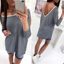 Sexy V-shaped Backless Long Sleeve Striped T-shirt 