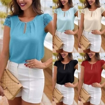 Fashion Solid Color Lace Spliced Short Sleeve Round Neck Top 