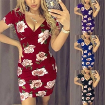 Sexy V-neck Short Sleeve Slim Fit Printed Dress