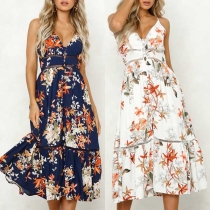 Sexy Backless V-neck High Waist Printed Sling Dress