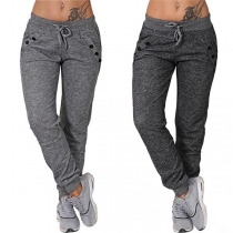 Casual Style Solid Color Drawstring Waist Sports Pants 
