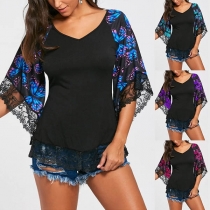 Fashion Lace Spliced Printed Trumpet Sleeve V-neck T-shirt