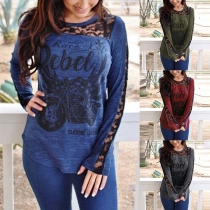 Fashion Lace Spliced Long Sleeve Round Neck Printed T-shirt