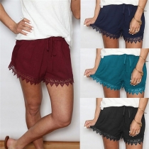 Fashion Solid Color Elastic Waist Lace Spliced Shorts