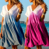Fashion Color Gradient Short Sleeve V-neck Loose Dress