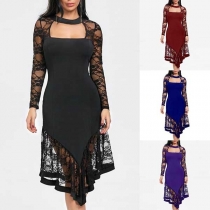 Sexy Solid Color Hollow Out Long Sleeve Gauze Spliced Embroidered Dress