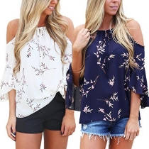 Fashion Contrast Color Cold-shoulder Long Sleeve Chiffon Shirt