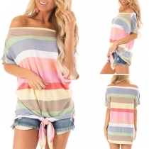 Fashion Contrast Color Boat-neck Striped Short Sleeve Shirt