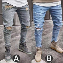 Casual Slim Fit Stains Zippers Ripped Men's Jeans 