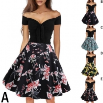 Retro Boat-neck Short Sleeve Printed Pattern Slim Fit Pleated Hemline Dress