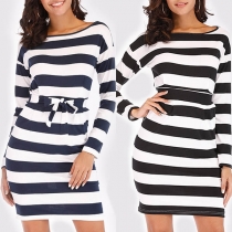 Fashion Long Sleeve Round Neck Slim Fit Lace-up Striped Dress