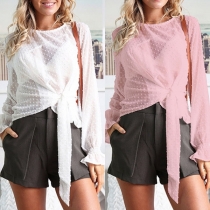 Chic Style Long SLeeve Round Neck Lace-up Hem Top 