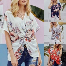 Fashion Short Sleeve V-neck Twisted Printed Top