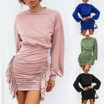 Fashion Solid Color Lantern Sleeve Wrinkled Hem Dress