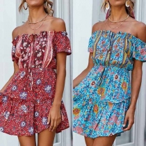 Sexy Off-shoulder Boat Neck Printed Dress