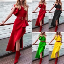 Sexy One-shoulder Irregular Hem Ruffle Dress with Waistband 