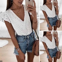 Sexy V-neck Short Sleeve Hollow Out Solid Color T-shirt 