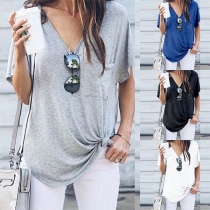Simple Style Short Sleeve V-neck Loose T-shirt 