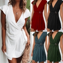 Sexy V-neck Short Sleeve Lace-up Solid Color Dress