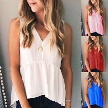 Fashion Solid Color Sleeveless V-neck High-low Hem Top 
