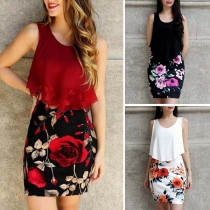 Fashion Chiffon Spliced Sleeveless Round Neck Slim Fit Printed Dress