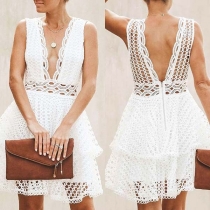 Fashion Deep V-neck Sleeveless Backless Hollow Out Lace Up Dress