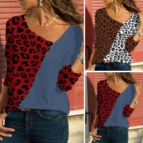 Fashion Leopard Printed Spliced Oblique V-neck T-shirt 