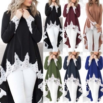 Sweet Round-neck Long sleeve Lace Embroidered High-Low Hem Dress