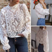 Fashion High Neck Long Sleeve embroidered Lace Spliced Shirt