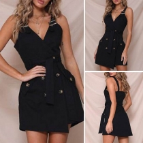 Fashion Deep V-neck Sleeveless Backless Buttons Short Dress