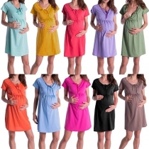 Fashion Solid Color Short Sleeve V-neck Maternity Dress