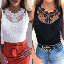 Fashion Lace Spliced Sleeveless Hollow Out Embroidered Top