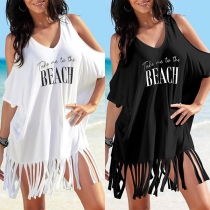 Fashion Letters Printed V-neck Tassel Dress