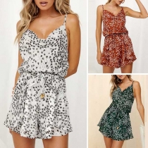 Sexy Round-neck Sleeveless Wave Points Slim Fit Short Romper