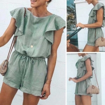 Fashion Solid Color Round-neck Lotus Short Sleeve Romper