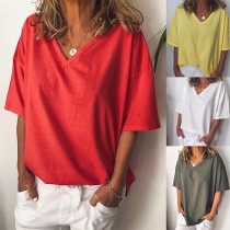 Fashion Solid Color Deep V-neck Short Sleeve Shirt