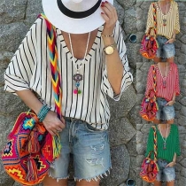 Fashion Contrast Color Long Sleeve Deep V-neck Striped Shirt