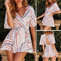 Sexy Deep V-neck Short Sleeve Striped Hollow Out Romper