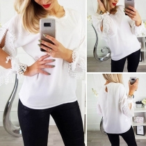 Sexy Lace Spliced Slit Long Sleeve Solid Color Blouse 