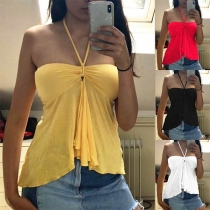 Sexy Strapless Irregular Hem Solid Color Halter Top