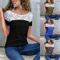 Fashion Lace Spliced Short Sleeve Round Neck T-shirt 